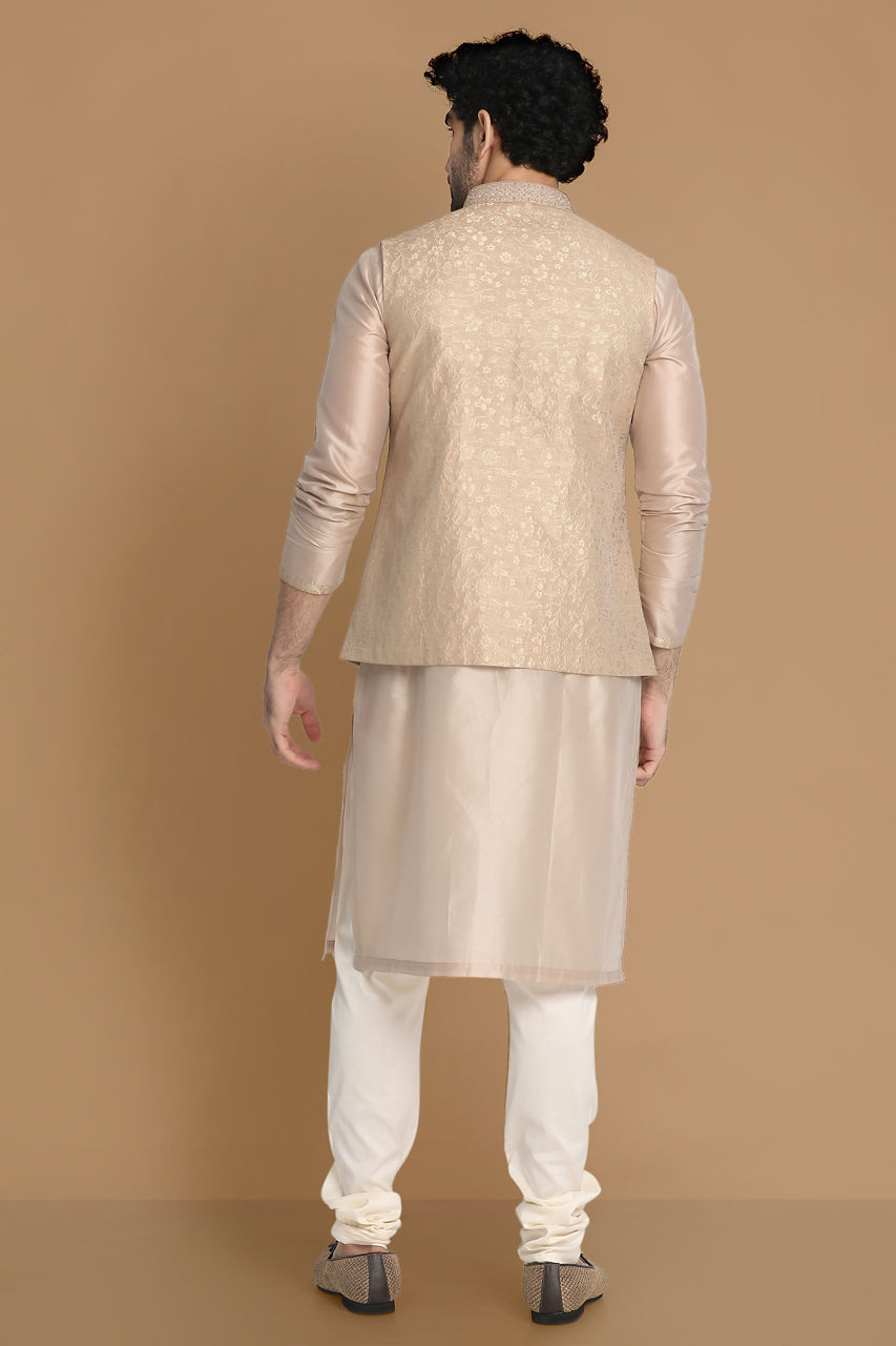 Manyavar Men Floral Patterned Cream Kurta Jacket Set