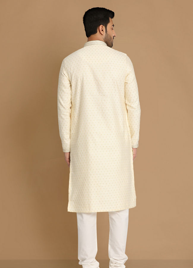 Manyavar Men Sea Shell White Self Motif Kurta Pajama
