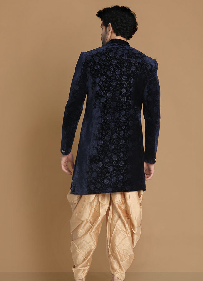 Manyavar Men Fine Blue Velvet Indo Western