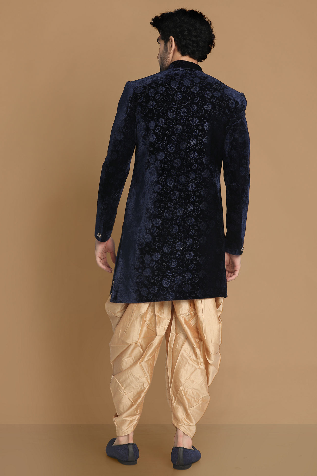 Manyavar Men Fine Blue Velvet Indo Western
