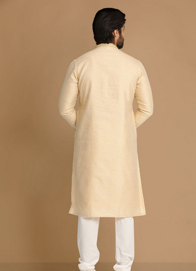Manyavar Men Beige Self Design Kurta Pajama