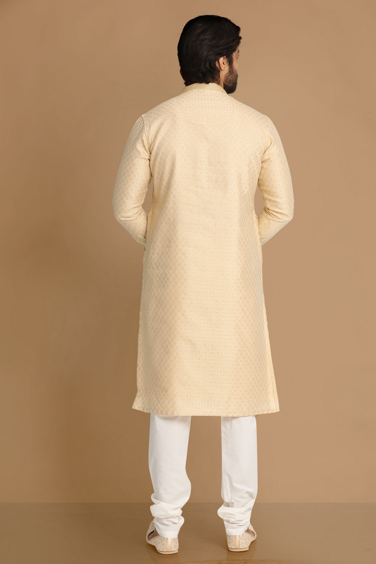 Manyavar Men Beige Self Design Kurta Pajama