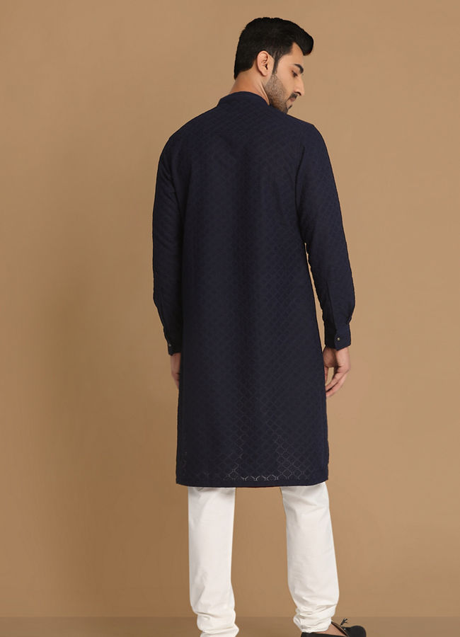 alt message - Manyavar Men Navy Blue Side Open Kurta Pajama image number 2