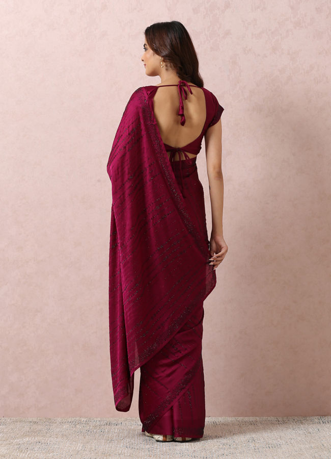 Mohey Women Wine Satin Saree With Stone Embellishment