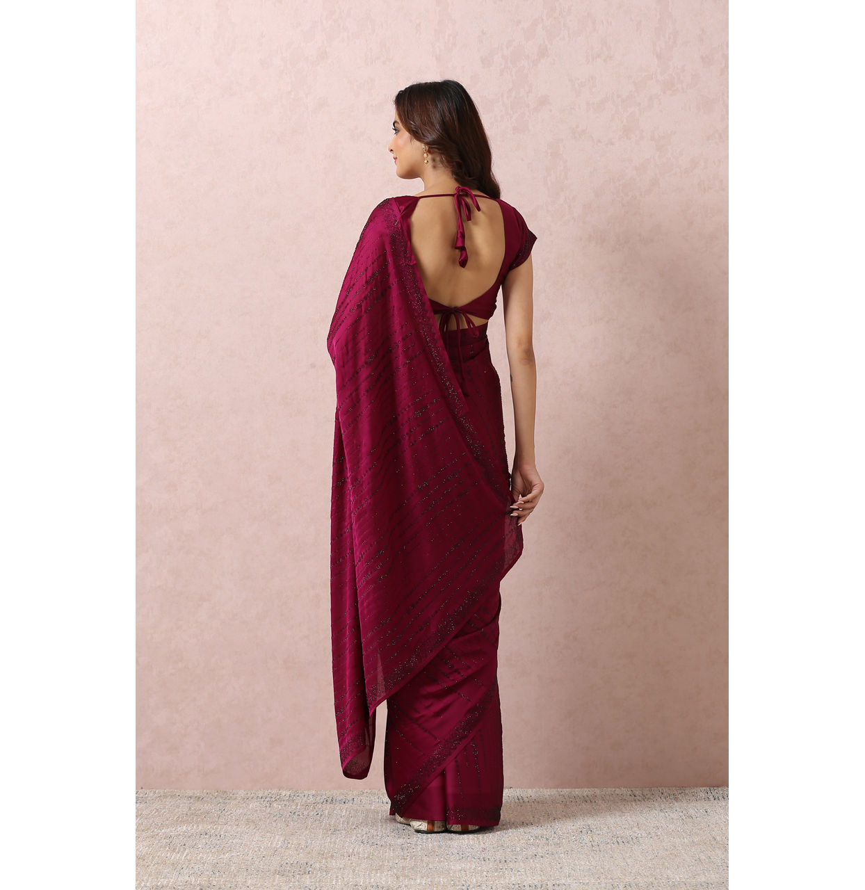 Mohey Women Wine Satin Saree With Stone Embellishment