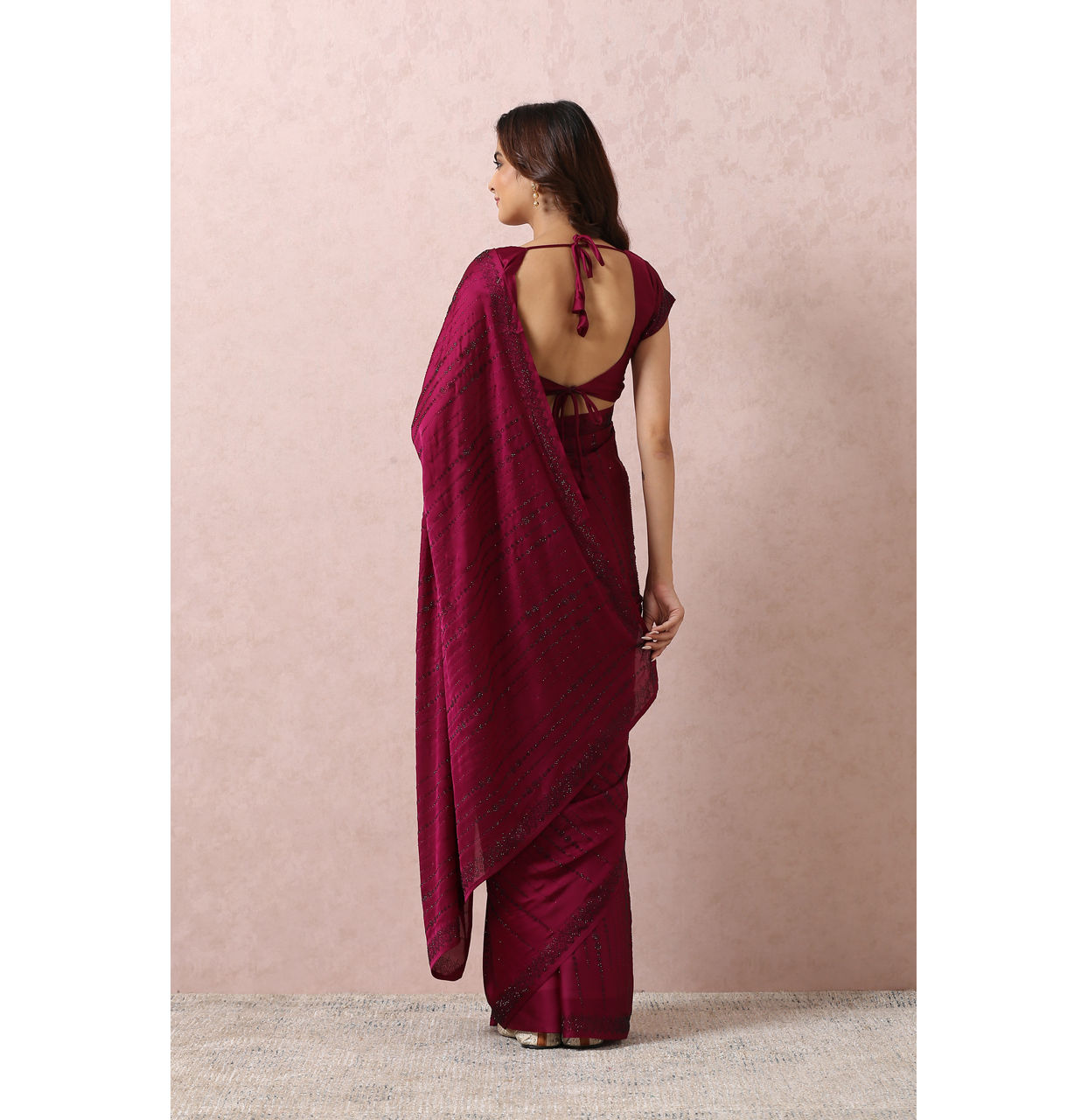 Wine Satin Saree With Stone Embellishment image number 2