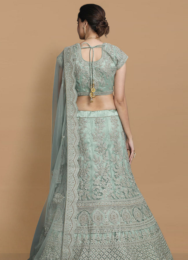 alt message - Mohey Women Pista Net Embroidered Lehenga image number 3