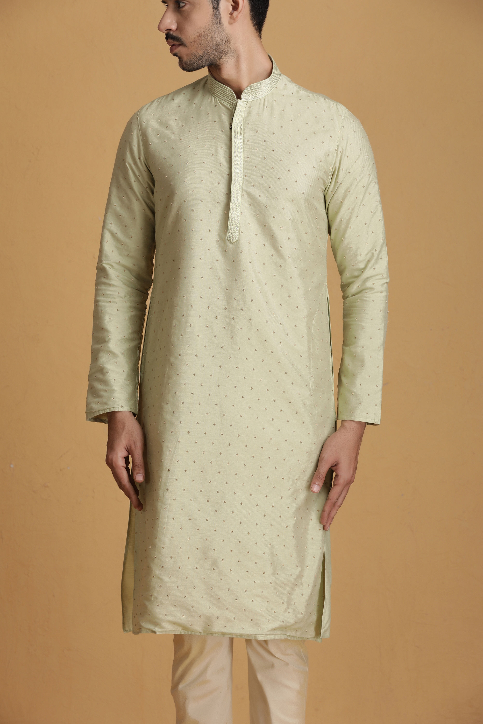 Manyavar Men Pastel Green Self Design Kurta Set