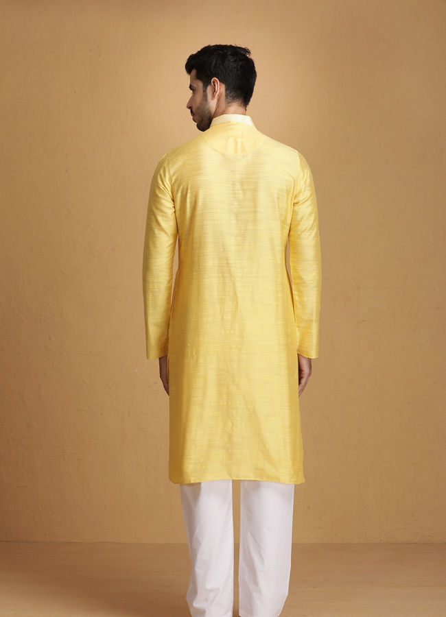 Manyavar Men Lemon Yellow Kurta Set With Collar And Placket Embroidery