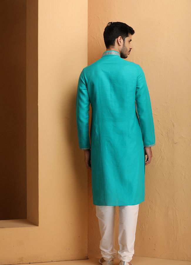 Manyavar Men Sapphire Green Self Design Kurta Set
