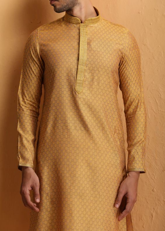 Manyavar Men Mustard Self Design Kurta Set