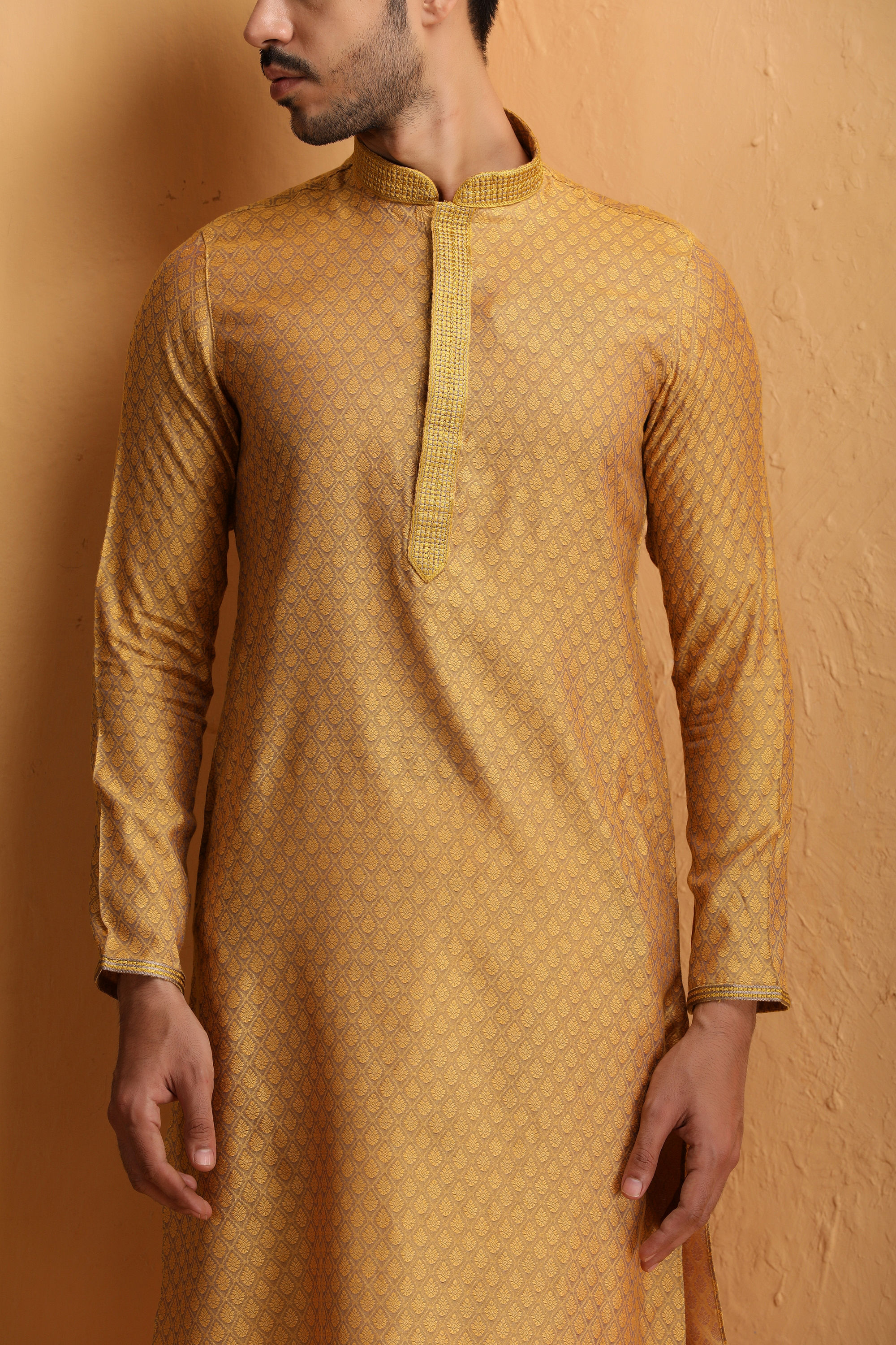 Manyavar Men Mustard Self Design Kurta Set