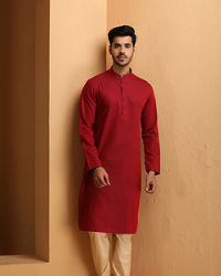 Manyavar Men Maroon Self Embroidered Kurta Set