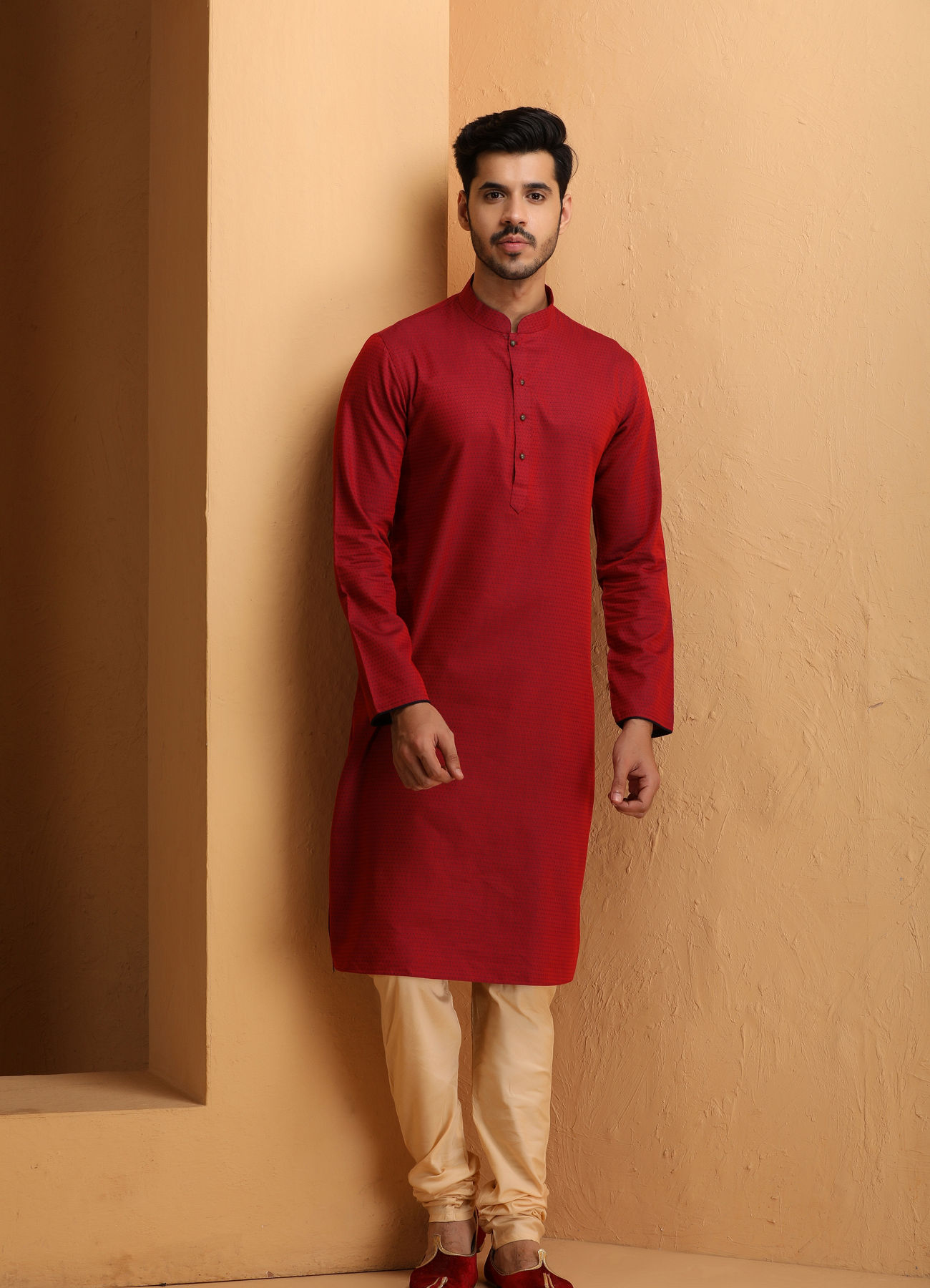 Manyavar Men Maroon Self Embroidered Kurta Set