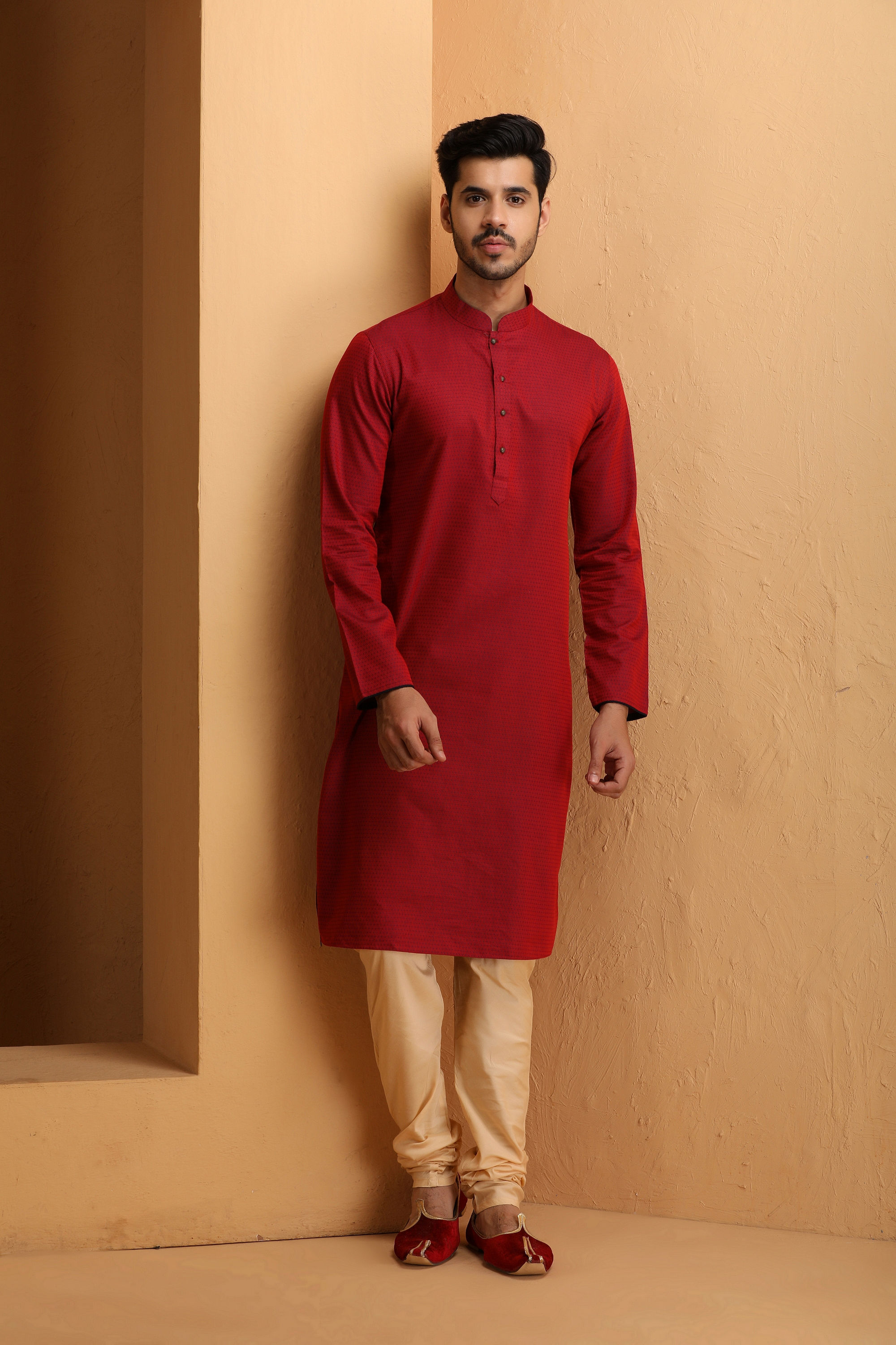 Manyavar Men Maroon Self Embroidered Kurta Set