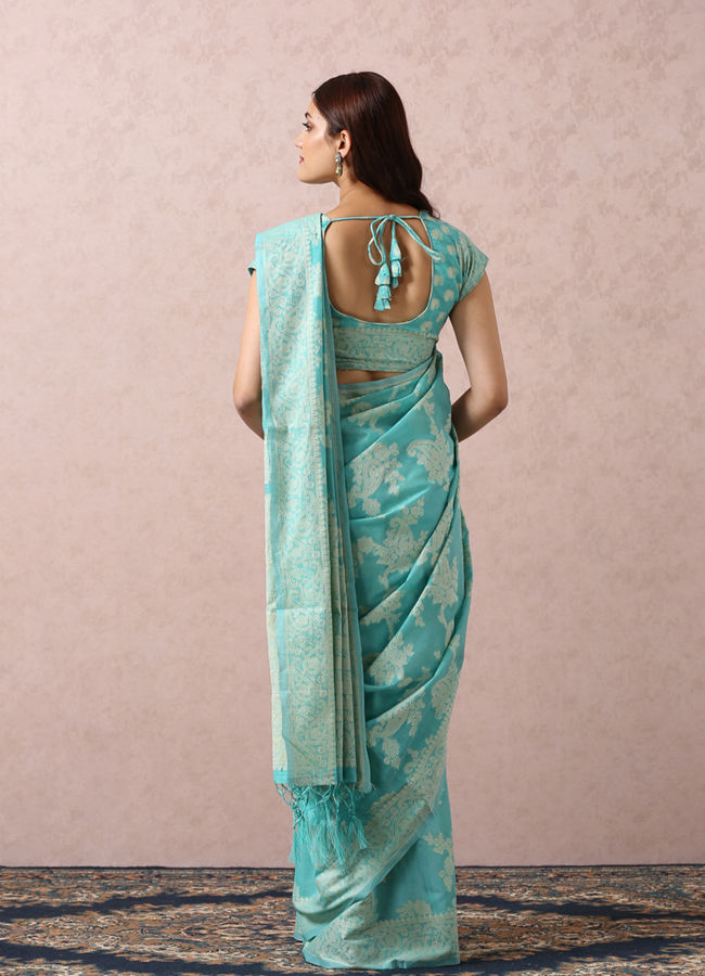 Teal Blue Printed Saree image number 2