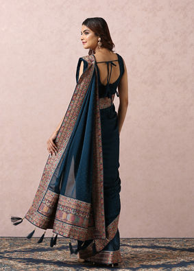 Teal Blue Saree With Multicoloured Border image number 3