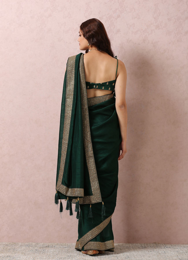 Dark Green Art Silk Saree With Stone Border image number 2