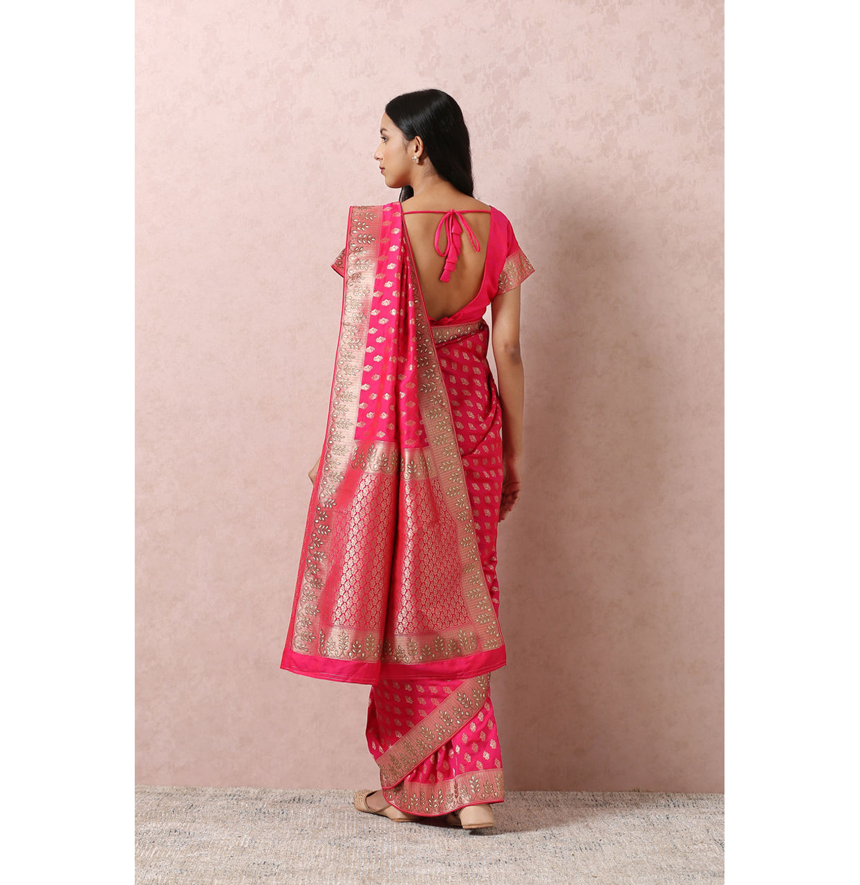 Mohey Women Rani Pink Bridal Saree With Mirror Border