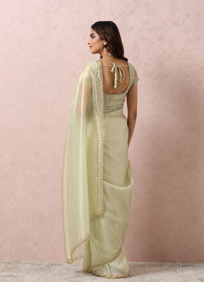 Mohey Women Pista Green Organza Saree With Stone Border
