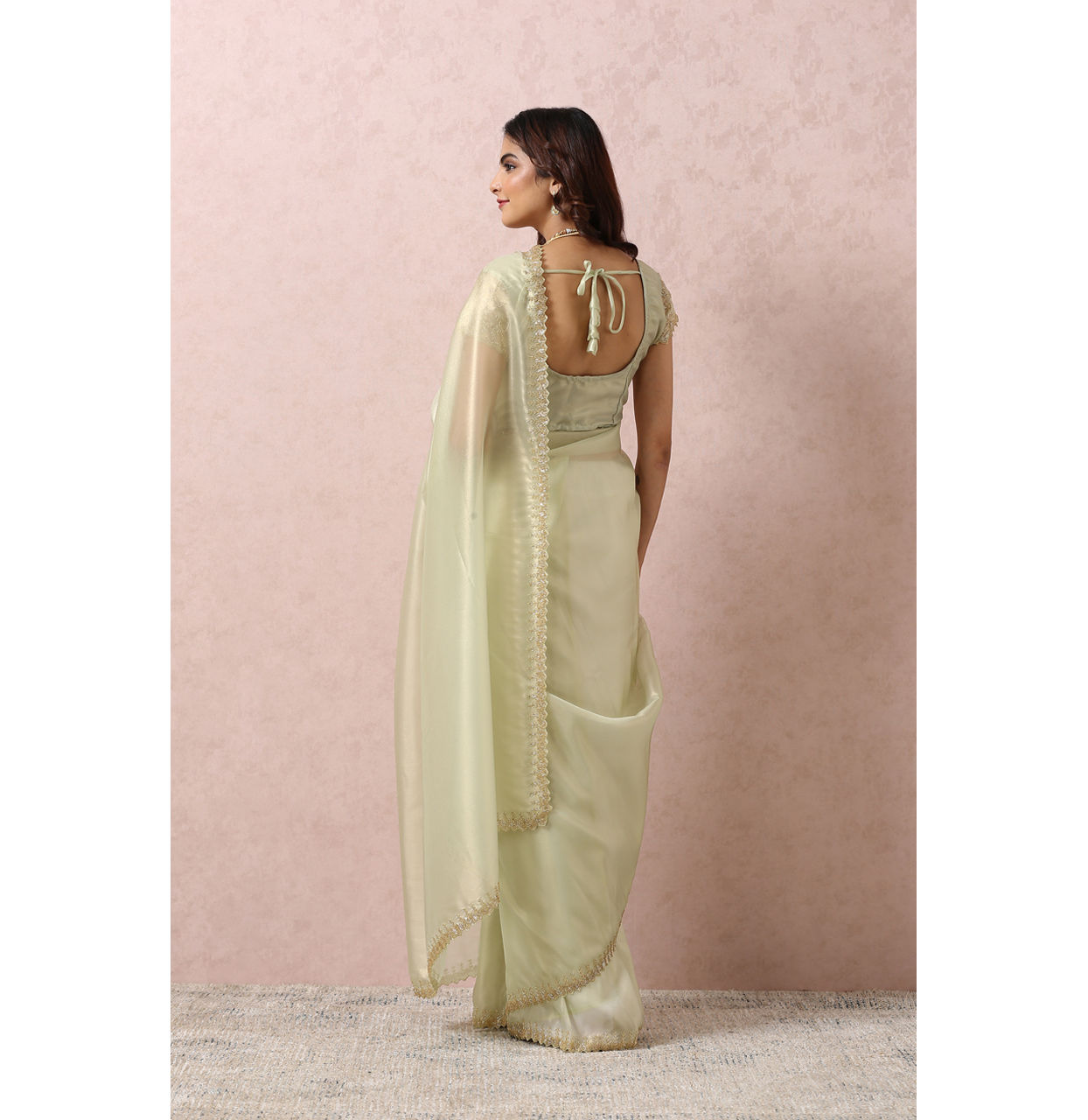 Mohey Women Pista Green Organza Saree With Stone Border