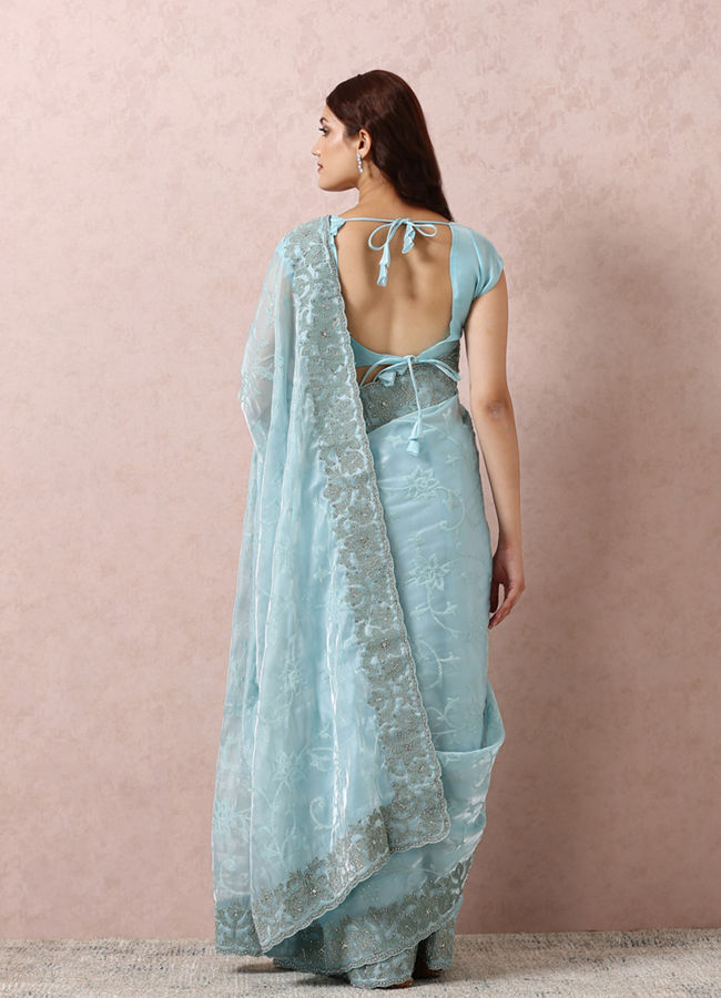 Light Blue Organza Saree With Mirror Border image number 2