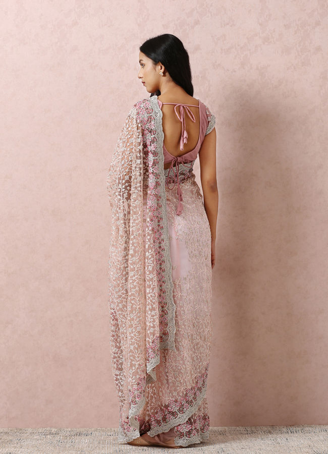 Mohey Women Light Pink Net Saree With Embroidery