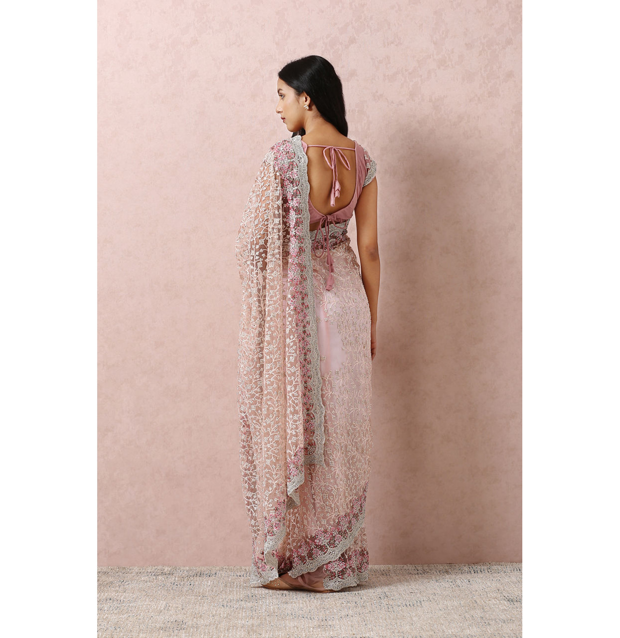 Mohey Women Light Pink Net Saree With Embroidery