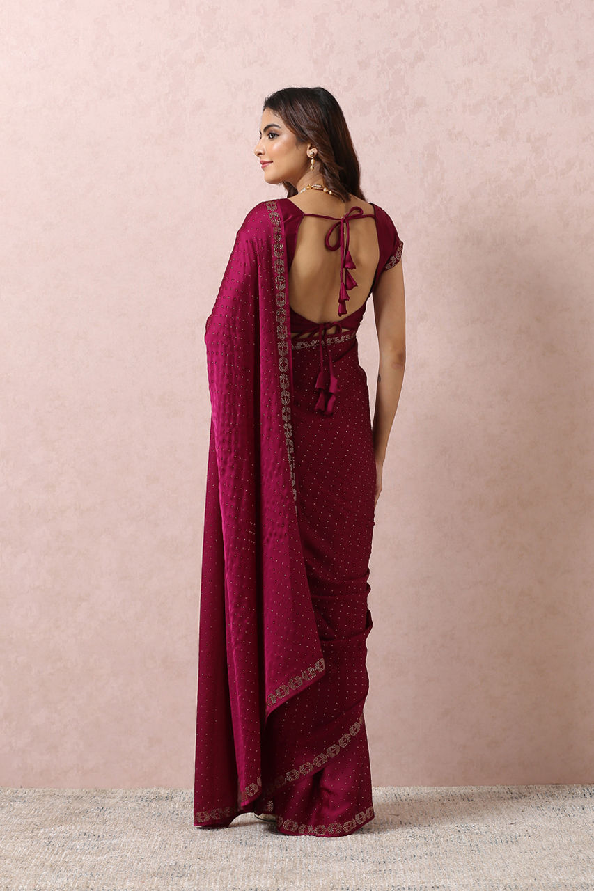 Mohey Women Wine Stone Embellished Satin Saree