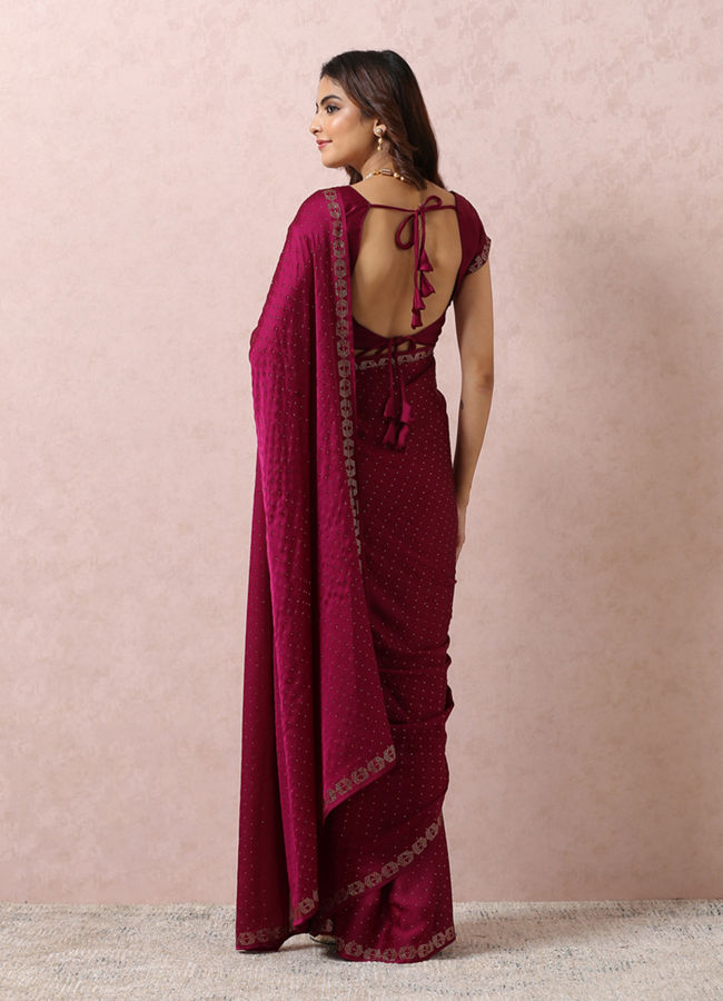 Mohey Women Wine Stone Embellished Satin Saree