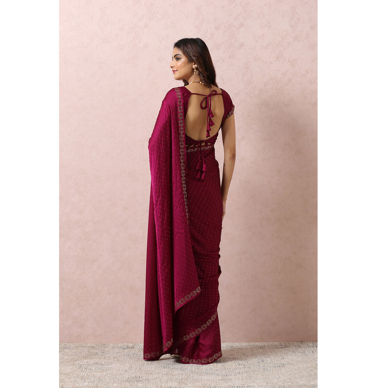 Mohey Women Wine Stone Embellished Satin Saree
