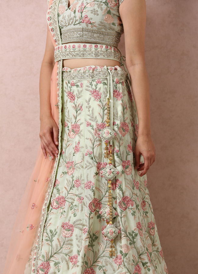 Mohey Women Pista Green Bridal Floral Lehenga
