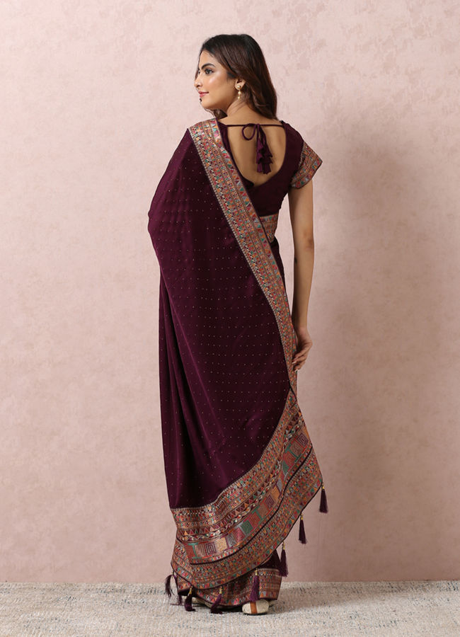 Wine Satin Saree With Multicoloured Border image number 2