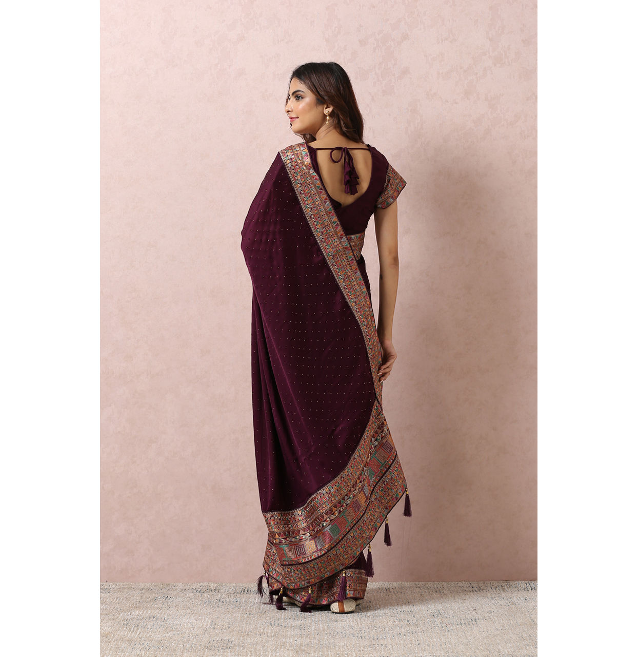 Mohey Women Wine Satin Saree With Multicoloured Border