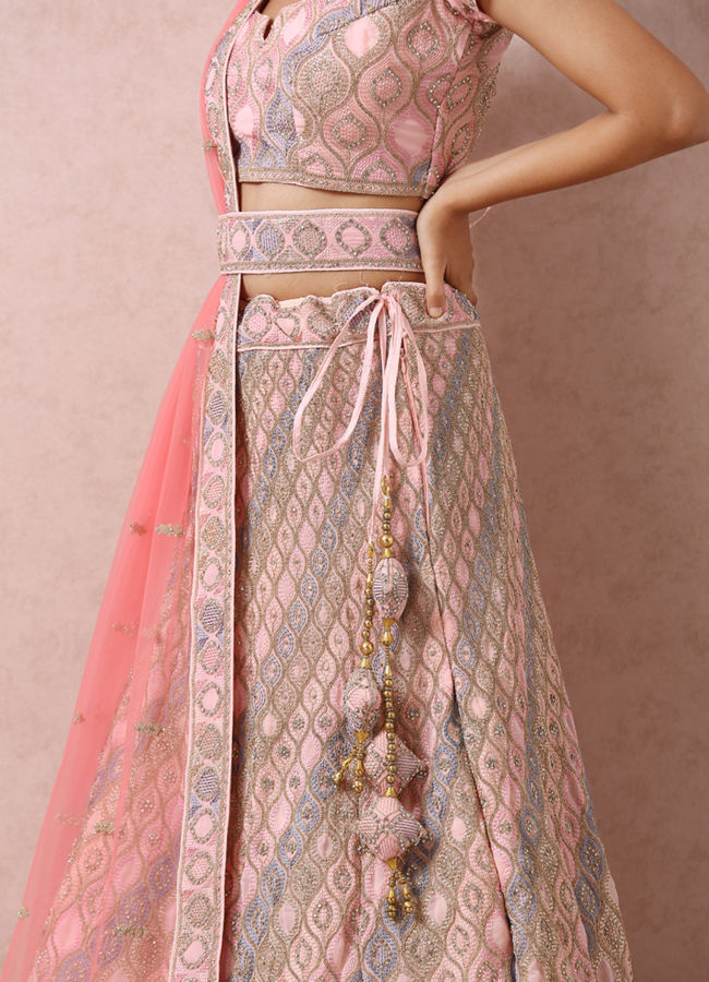 alt message - Mohey Women Light Pink Embellished Lehenga image number 4