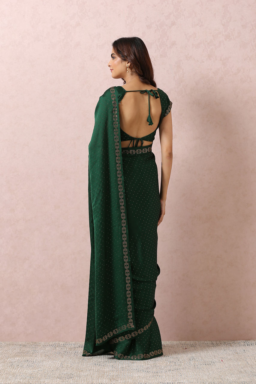 Mohey Women Bottle Green Satin Saree With Stone Embellishment