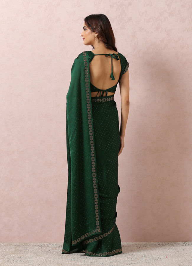 alt message - Mohey Women Bottle Green Satin Saree With Stone Embellishment image number 2