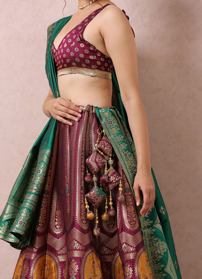 Mohey Women Wine Zari Weaved Benarasi Lehenga