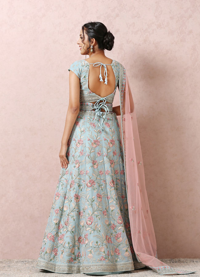 alt message - Mohey Women Light Blue Bridal Floral Lehenga image number 3