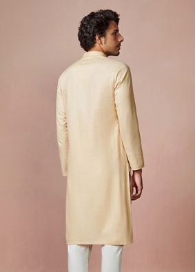 Manyavar Men Biscuit Plain Cotton Kurta With Embroidered Collar image number 4