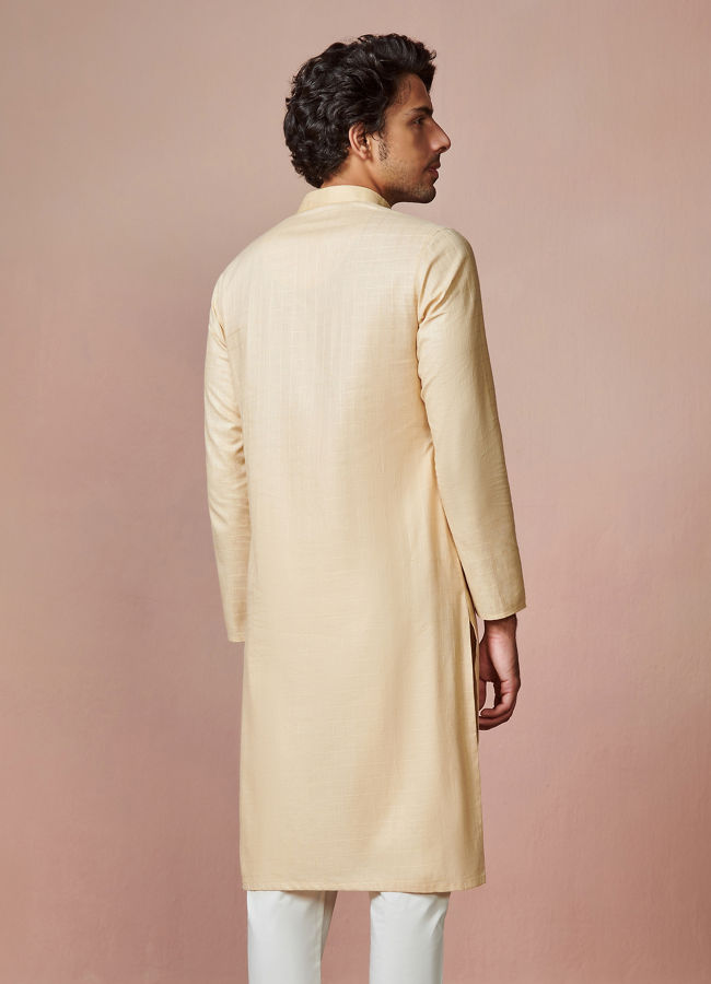 alt message - Manyavar Men Biscuit Plain Cotton Kurta With Embroidered Collar image number 4