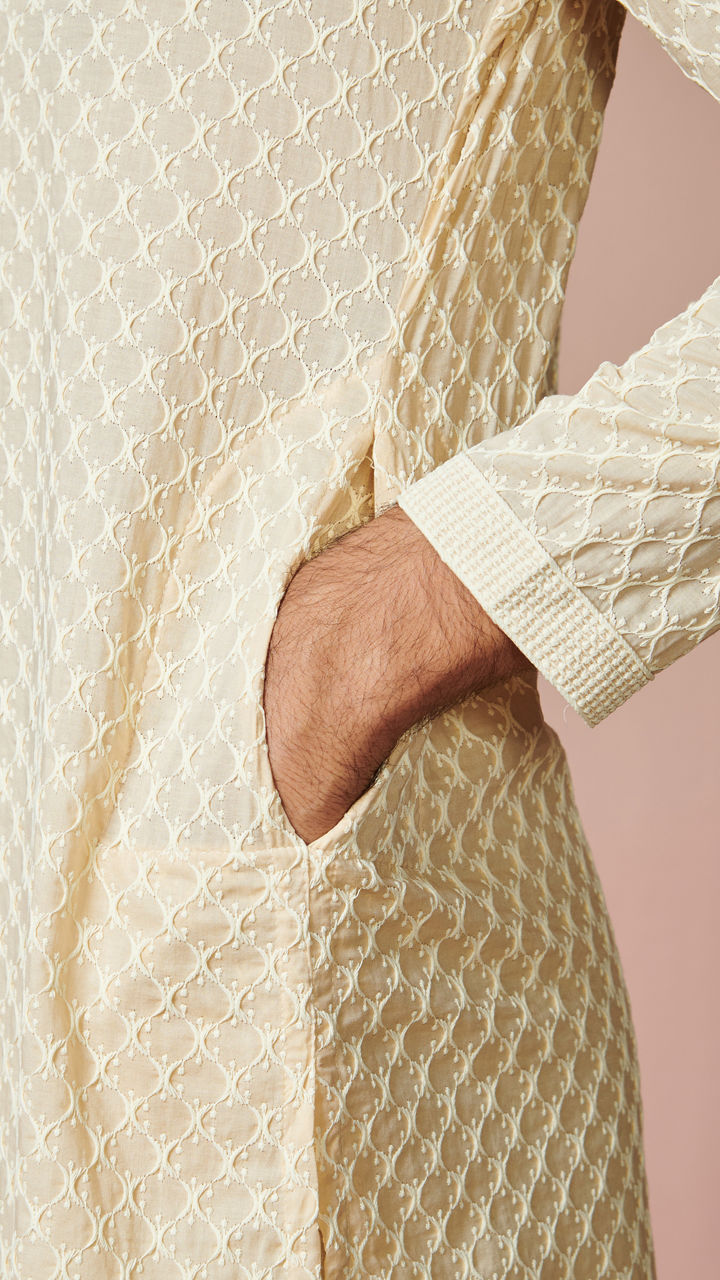 Manyavar Men Biscuit Chikankari Cotton Kurta