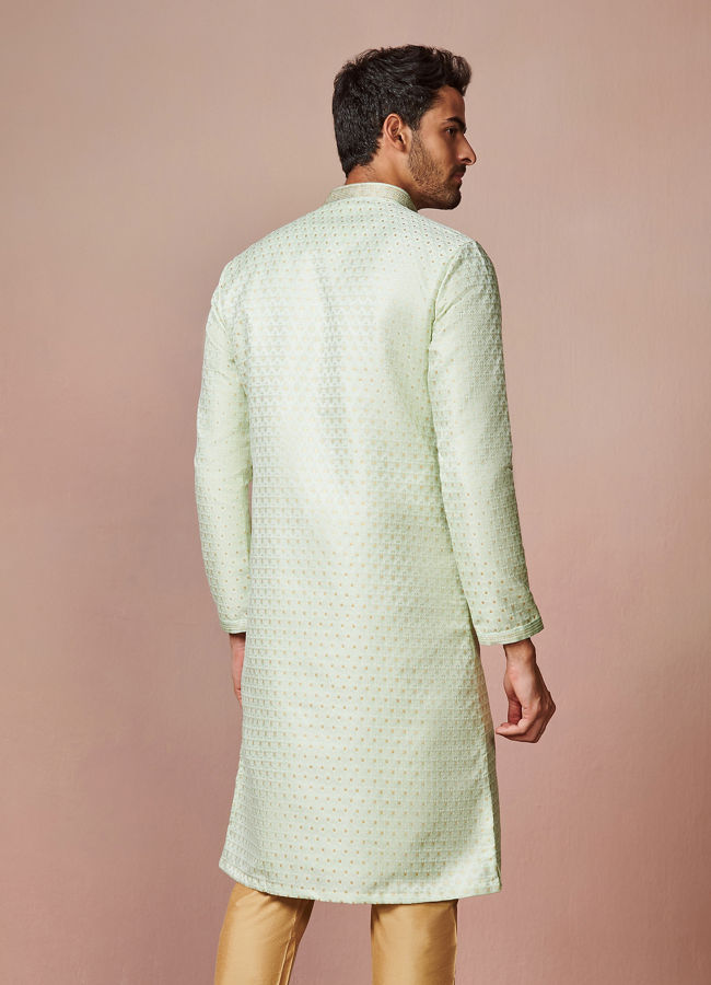 alt message - Manyavar Men Mint Green Golden Motif Kurta Pajama image number 4