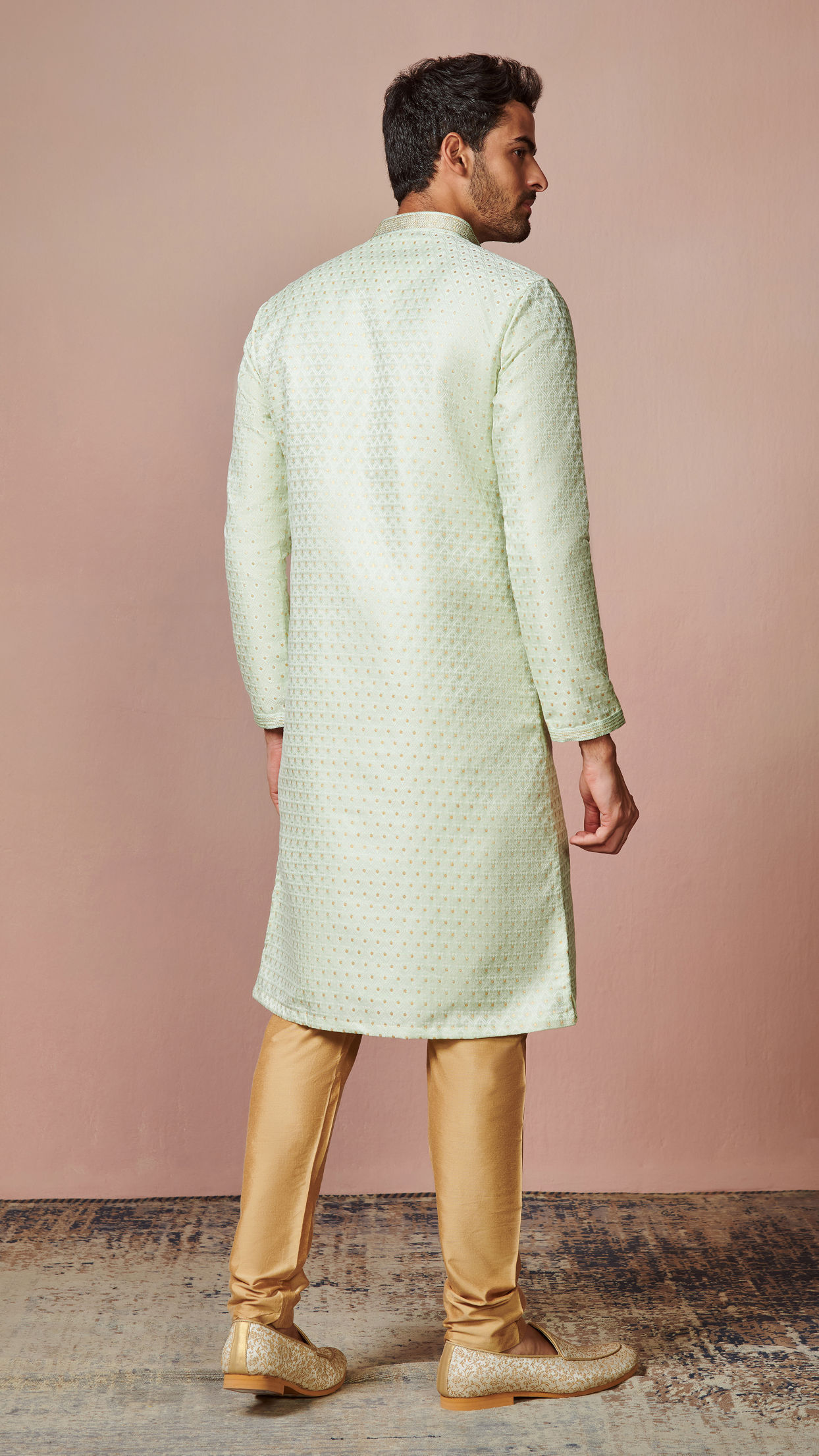 Manyavar Men Mint Green Golden Motif Kurta Pajama