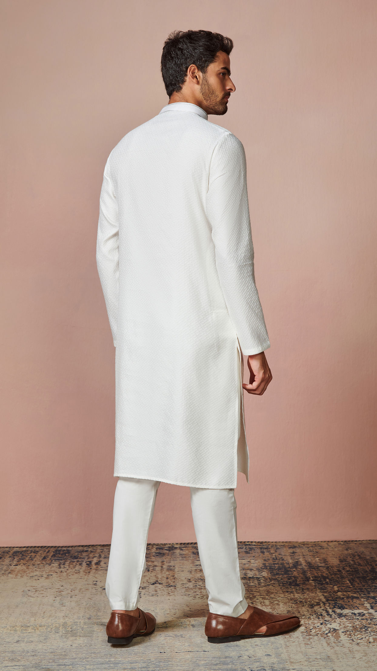 Manyavar Men Light Cream Jacquard Kurta