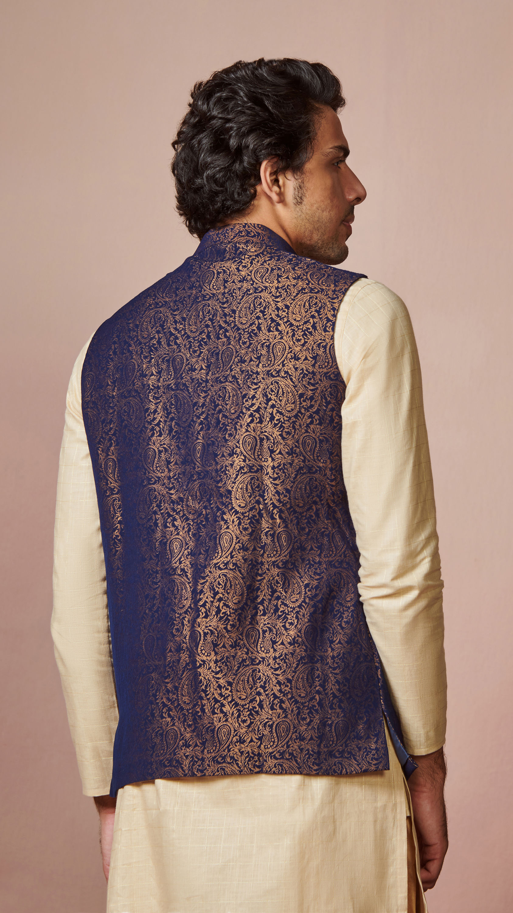 Manyavar Men Navy Blue Jacket With Gold Foil Print