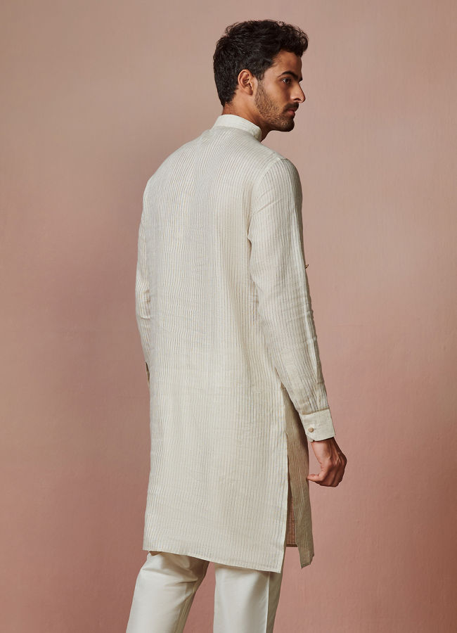 alt message - Manyavar Men Light Cream Self Striped Kurta image number 4