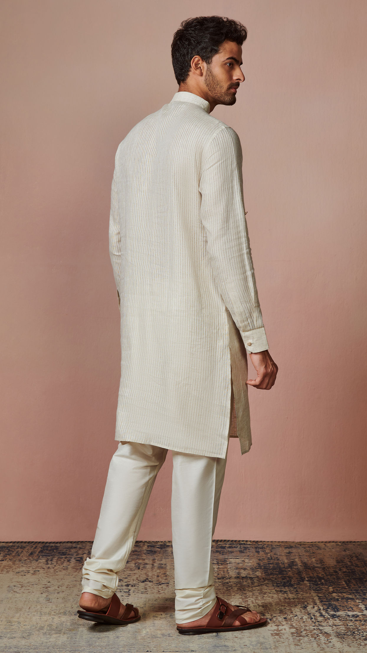 alt message - Manyavar Men Light Cream Self Striped Kurta image number 4