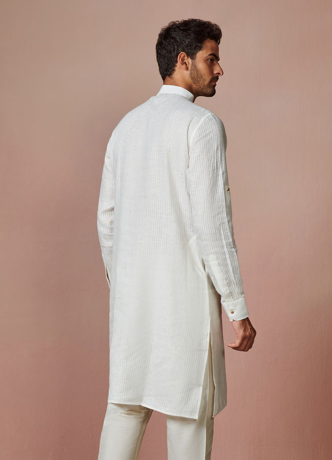 Off White Self Striped Kurta image number 4