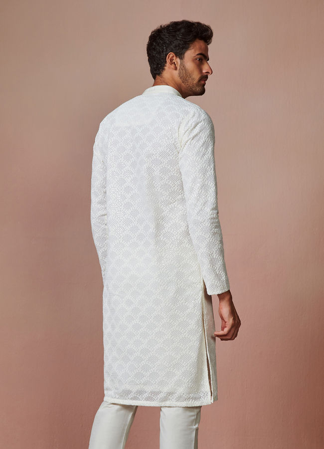 Off White Chikankari Kurta Set image number 4